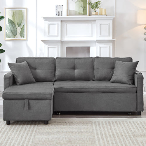 L-Shaped Pull-Out Sleep Sofa Bed – 3-in-1 Reversible Sectional with Storage Chaise, Cup Holders & USB Charging, Grey