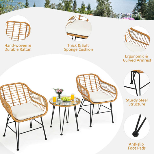 3 Pieces Rattan Cushioned Chair Table