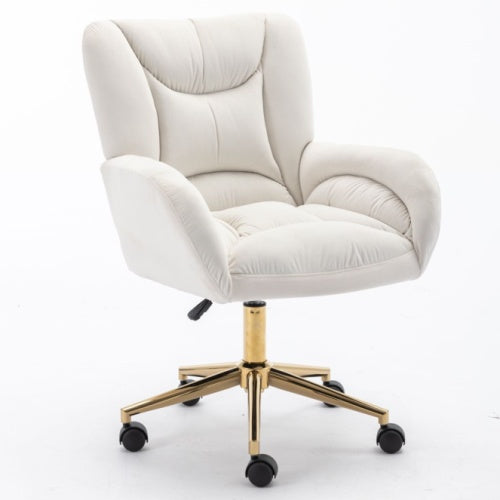 Full KD Velvet Fabric Material Adjustable Height Swivel Home Office Chair For Indoor With Gold Legs, Ivory