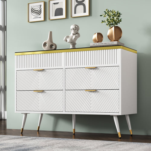 White Sideboard Cabinet with 6 Drawers & Amber Glass – Storage Dresser for Living Room, Bedroom & Hallway