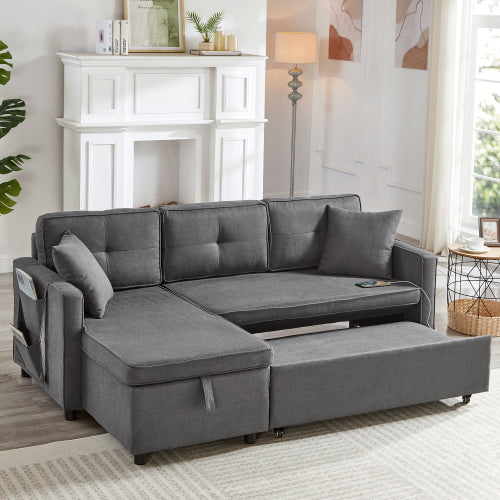 L-Shaped Pull-Out Sleep Sofa Bed – 3-in-1 Reversible Sectional with Storage Chaise, Cup Holders & USB Charging, Grey