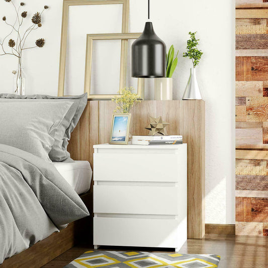 White Modern Bedside Table with 3 Storage Drawers – Bedroom Nightstand Cabinet