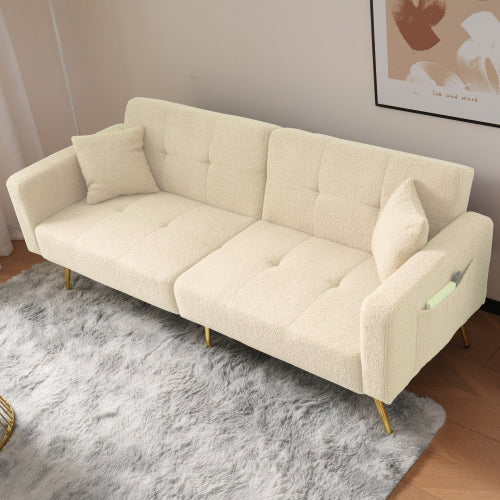 Modern 3-Seater Sofa Bed with 3 Adjustable Backrest Positions, Cushions, Side Storage & Gold Legs