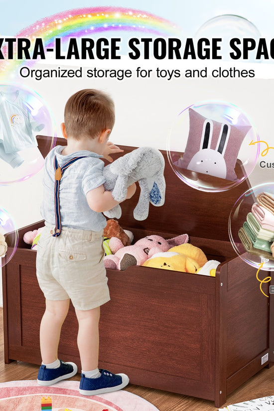 Wooden Toy Chest with Safety Lid – Large Kids Storage Bench (Cherry)