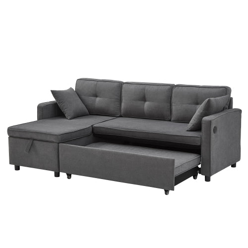 L-Shaped Pull-Out Sleep Sofa Bed – 3-in-1 Reversible Sectional with Storage Chaise, Cup Holders & USB Charging, Grey