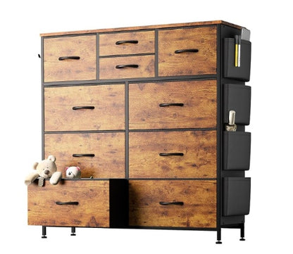 10-Drawer Dresser with Side Pockets & Hooks – Bedroom Storage Cabinet