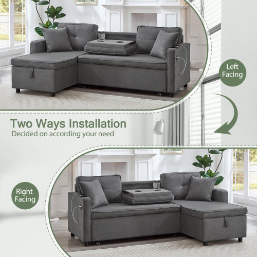L-Shaped Pull-Out Sleep Sofa Bed – 3-in-1 Reversible Sectional with Storage Chaise, Cup Holders & USB Charging, Grey