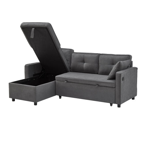 L-Shaped Pull-Out Sleep Sofa Bed – 3-in-1 Reversible Sectional with Storage Chaise, Cup Holders & USB Charging, Grey