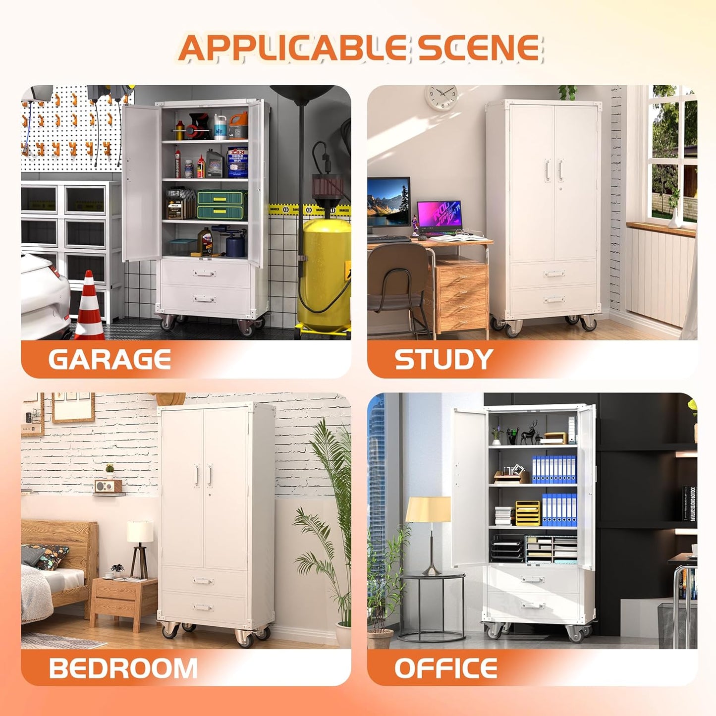 White Rolling Storage Cabinet – 2 Doors, 2 Drawers, Lockable Metal Cabinet