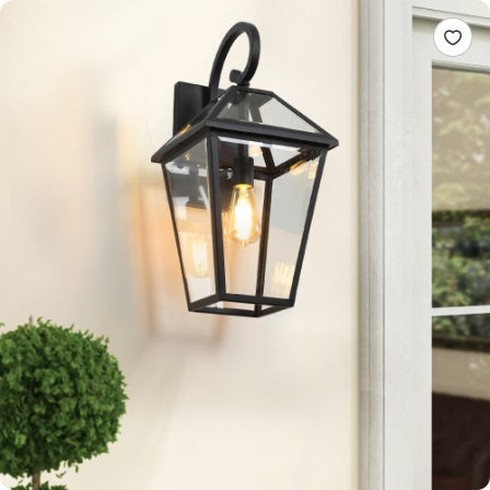 21" Outdoor Wall Lantern Light – Black Metal & Clear Glass Sconce