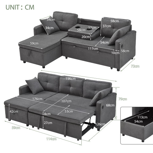 L-Shaped Pull-Out Sleep Sofa Bed – 3-in-1 Reversible Sectional with Storage Chaise, Cup Holders & USB Charging, Grey
