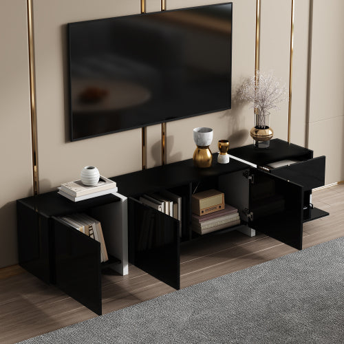 Black High-Gloss TV Cabinet with White Legs | Modern TV Stand with Doors & Drawers