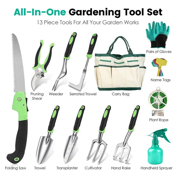 13-Piece Aluminum Gardening Tool Set with Storage Bag