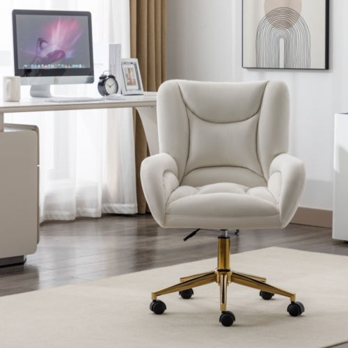 Full KD Velvet Fabric Material Adjustable Height Swivel Home Office Chair For Indoor With Gold Legs, Ivory