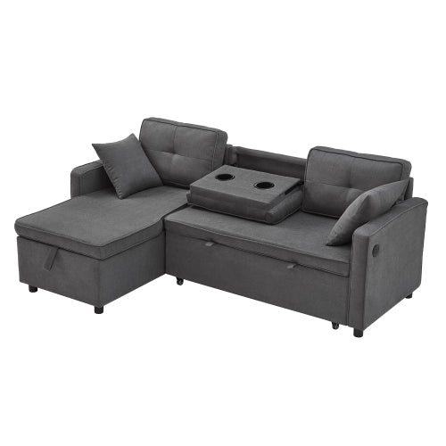 L-Shaped Pull-Out Sleep Sofa Bed – 3-in-1 Reversible Sectional with Storage Chaise, Cup Holders & USB Charging, Grey