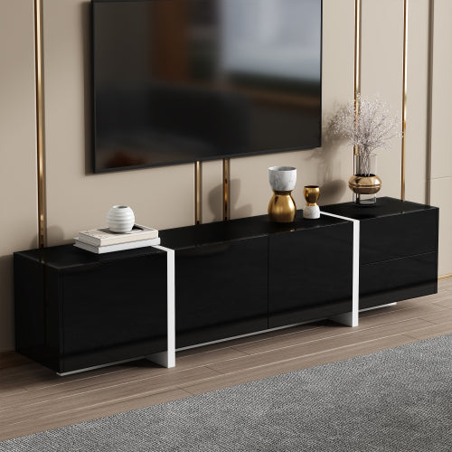 Black High-Gloss TV Cabinet with White Legs | Modern TV Stand with Doors & Drawers