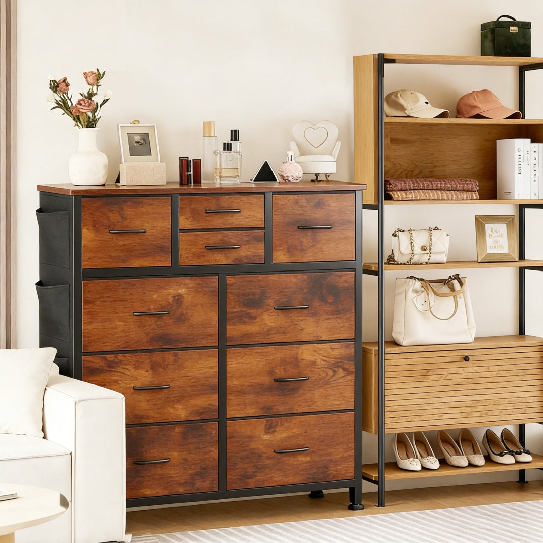 10-Drawer Dresser with Side Pockets & Hooks – Bedroom Storage Cabinet