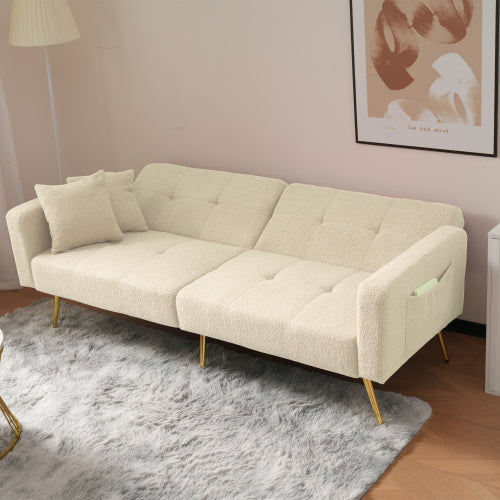 Modern 3-Seater Sofa Bed with 3 Adjustable Backrest Positions, Cushions, Side Storage & Gold Legs