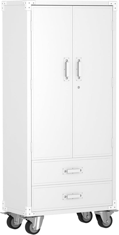 White Rolling Storage Cabinet – 2 Doors, 2 Drawers, Lockable Metal Cabinet
