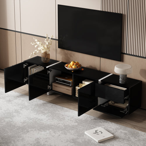 Black High-Gloss TV Cabinet with White Legs | Modern TV Stand with Doors & Drawers