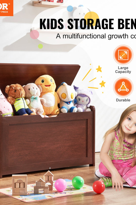 Wooden Toy Chest with Safety Lid – Large Kids Storage Bench (Cherry)