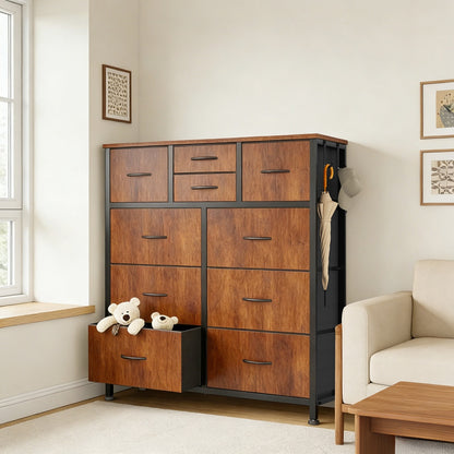 10-Drawer Dresser with Side Pockets & Hooks – Bedroom Storage Cabinet