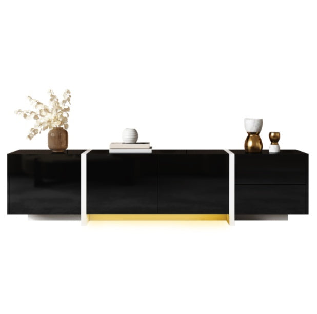 Black High-Gloss TV Cabinet with White Legs | Modern TV Stand with Doors & Drawers