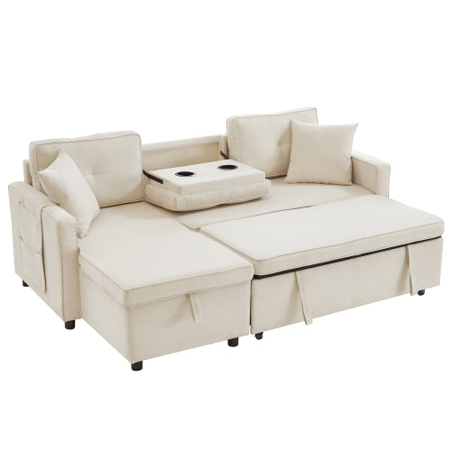 L-Shaped Pull-Out Sleeper Sofa Bed | 3-in-1 Reversible Sectional with Storage, Cup Holders & USB Charging