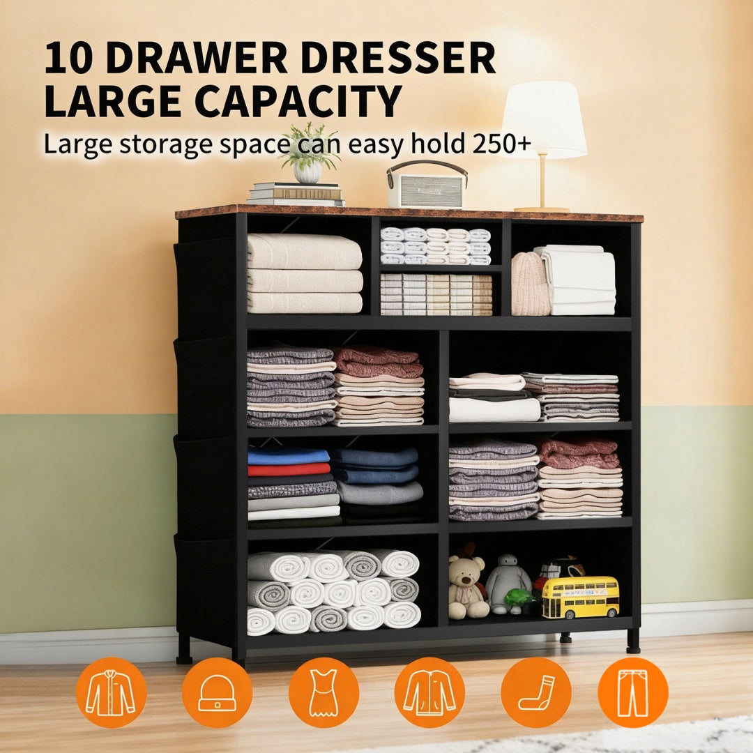 10-Drawer Dresser with Side Pockets & Hooks – Bedroom Storage Cabinet