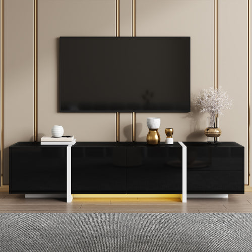 Black High-Gloss TV Cabinet with White Legs | Modern TV Stand with Doors & Drawers