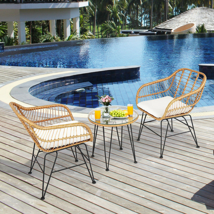 3 Pieces Rattan Cushioned Chair Table