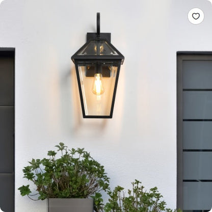 21" Outdoor Wall Lantern Light – Black Metal & Clear Glass Sconce