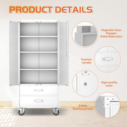 White Rolling Storage Cabinet – 2 Doors, 2 Drawers, Lockable Metal Cabinet
