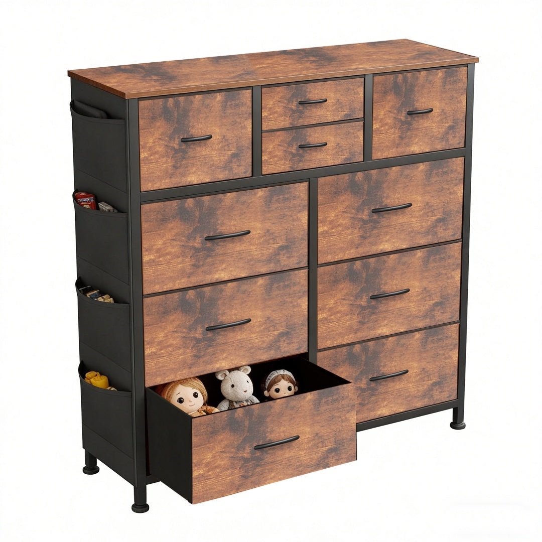 10-Drawer Dresser with Side Pockets & Hooks – Bedroom Storage Cabinet