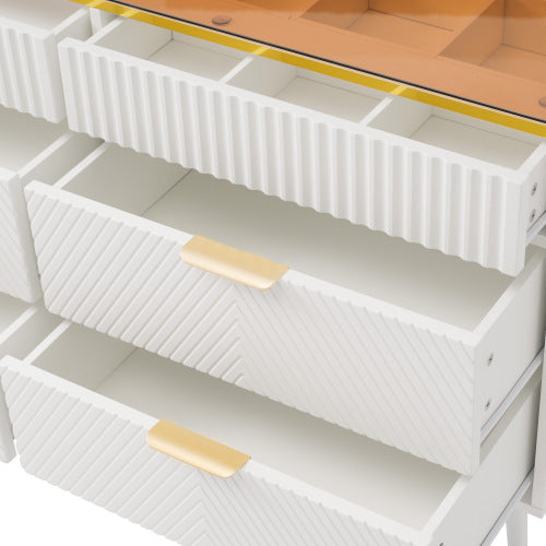 White Sideboard Cabinet with 6 Drawers & Amber Glass – Storage Dresser for Living Room, Bedroom & Hallway