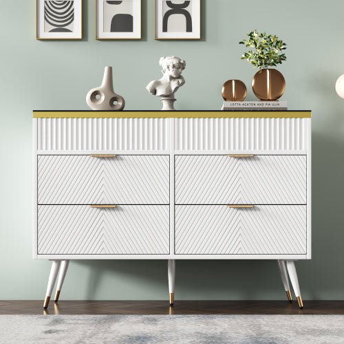 White Sideboard Cabinet with 6 Drawers & Amber Glass – Storage Dresser for Living Room, Bedroom & Hallway