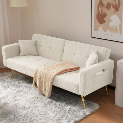 Modern 3-Seater Sofa Bed with 3 Adjustable Backrest Positions, Cushions, Side Storage & Gold Legs