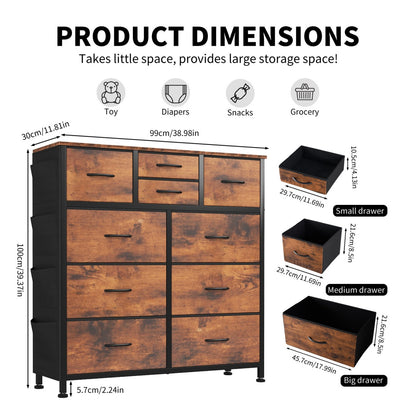 10-Drawer Dresser with Side Pockets & Hooks – Bedroom Storage Cabinet