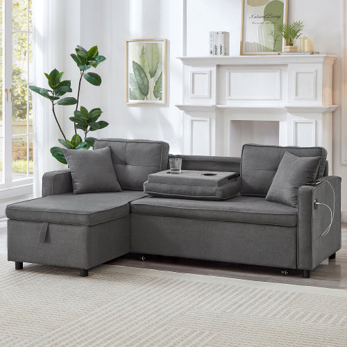 L-Shaped Pull-Out Sleep Sofa Bed – 3-in-1 Reversible Sectional with Storage Chaise, Cup Holders & USB Charging, Grey