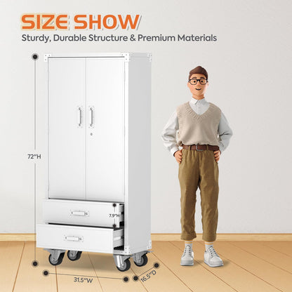 White Rolling Storage Cabinet – 2 Doors, 2 Drawers, Lockable Metal Cabinet