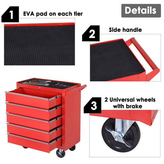 5-Drawer Lockable Tool Storage Cabinet with Wheels – Steel Workshop & Garage Trolley (Red)