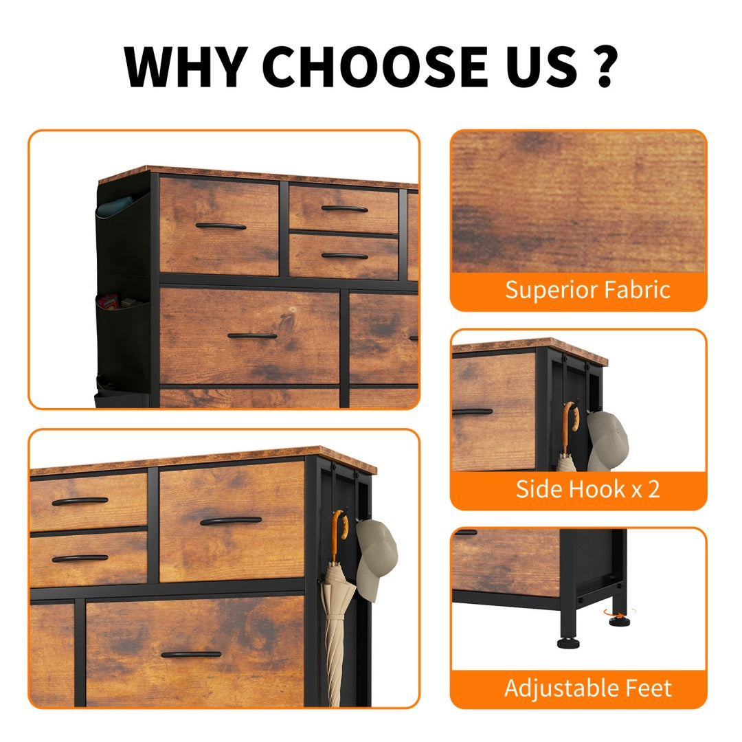 10-Drawer Dresser with Side Pockets & Hooks – Bedroom Storage Cabinet