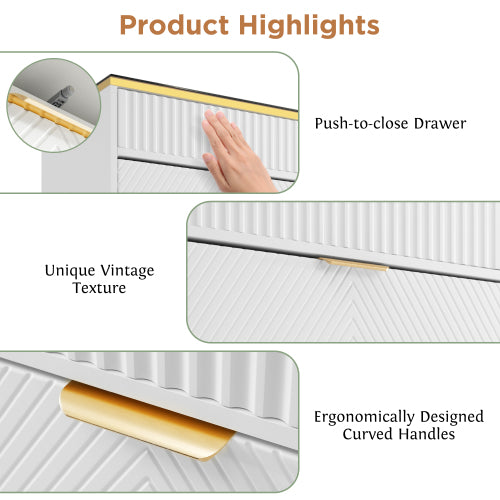 White Sideboard Cabinet with 6 Drawers & Amber Glass – Storage Dresser for Living Room, Bedroom & Hallway