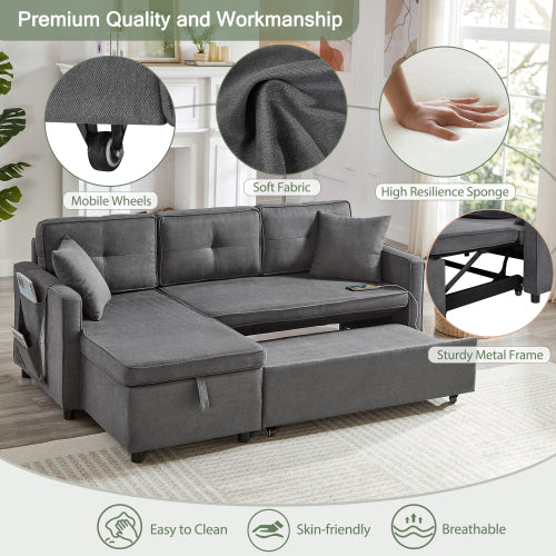 L-Shaped Pull-Out Sleep Sofa Bed – 3-in-1 Reversible Sectional with Storage Chaise, Cup Holders & USB Charging, Grey