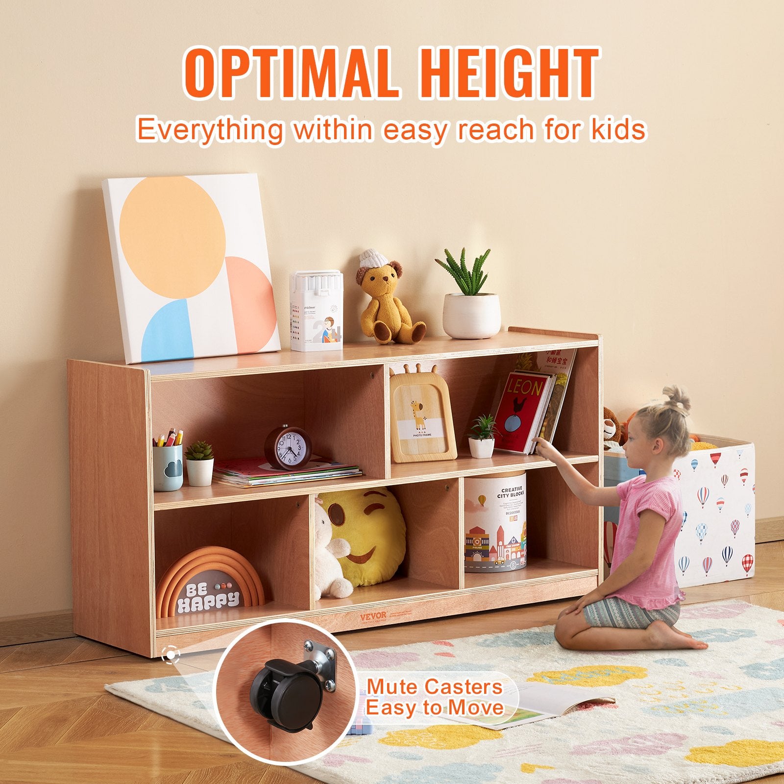 5-Compartment Cubby Storage Cabinet with Shelves – Classroom & Home Organizer (Natural)