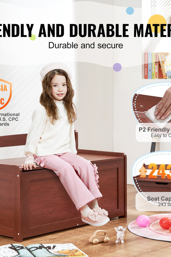 Wooden Toy Chest with Safety Lid – Large Kids Storage Bench (Cherry)