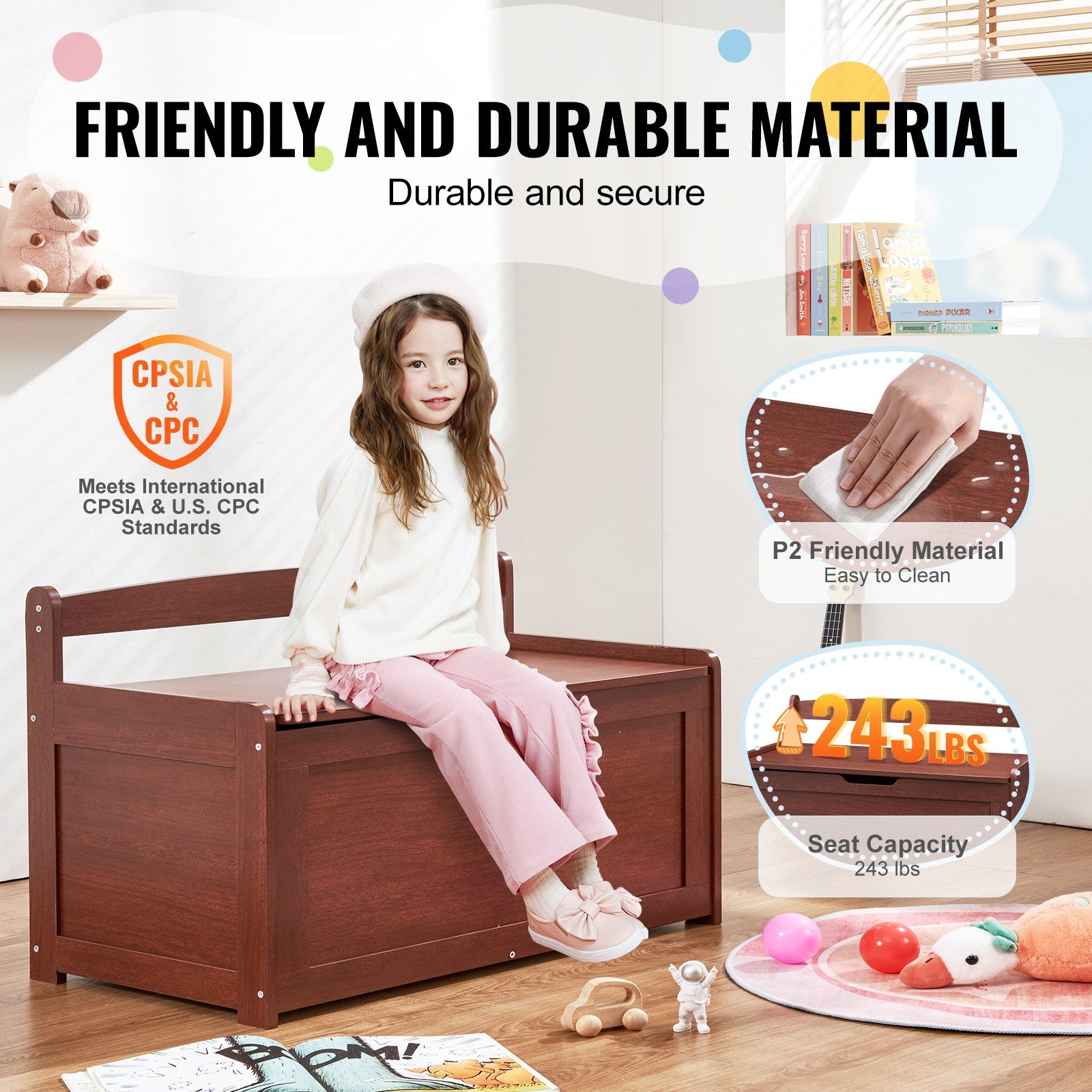 Wooden Toy Chest with Safety Lid – Large Kids Storage Bench (Cherry)