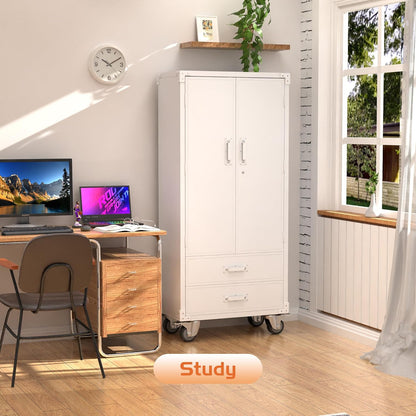 White Rolling Storage Cabinet – 2 Doors, 2 Drawers, Lockable Metal Cabinet