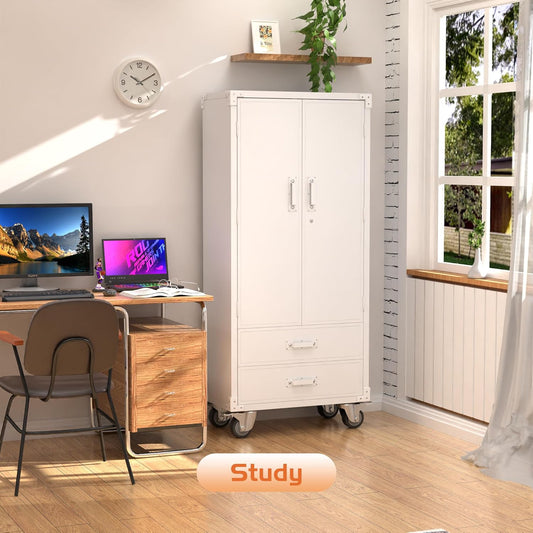 White Rolling Storage Cabinet – 2 Doors, 2 Drawers, Lockable Metal Cabinet