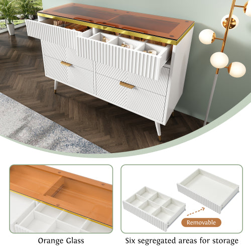 White Sideboard Cabinet with 6 Drawers & Amber Glass – Storage Dresser for Living Room, Bedroom & Hallway